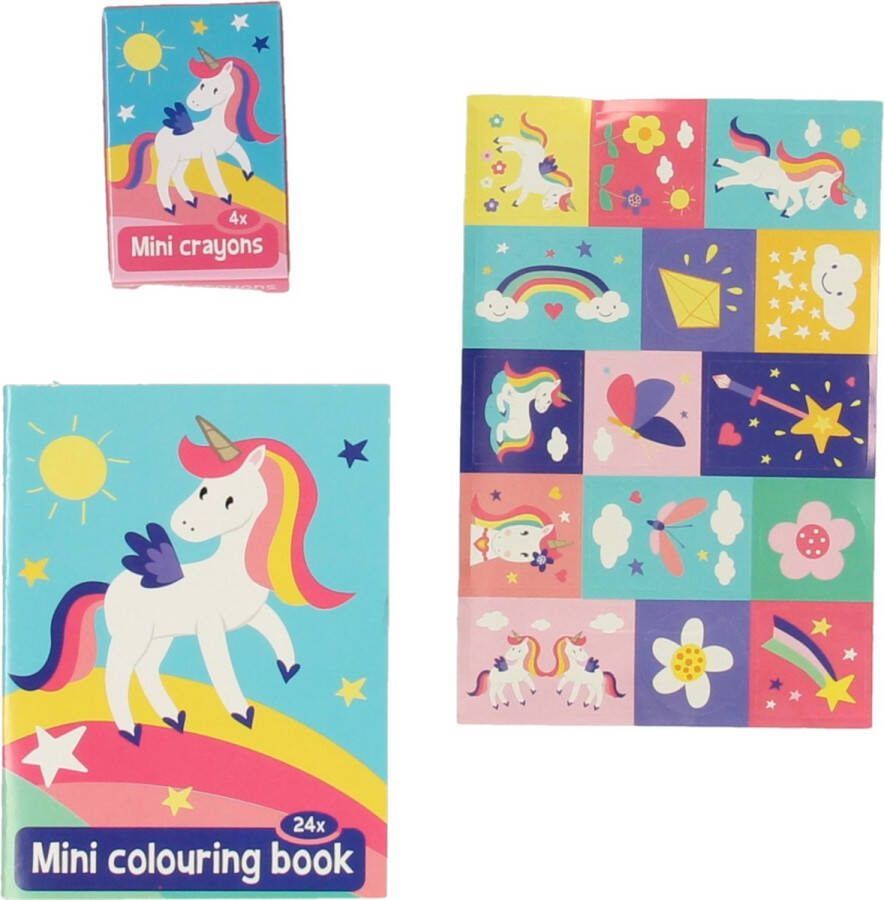 Wins holland Unicorn Mini kleurboekje 24 kleurplaten inclusief 4 krijtjes 1 stickervel Leuk voor onderweg
