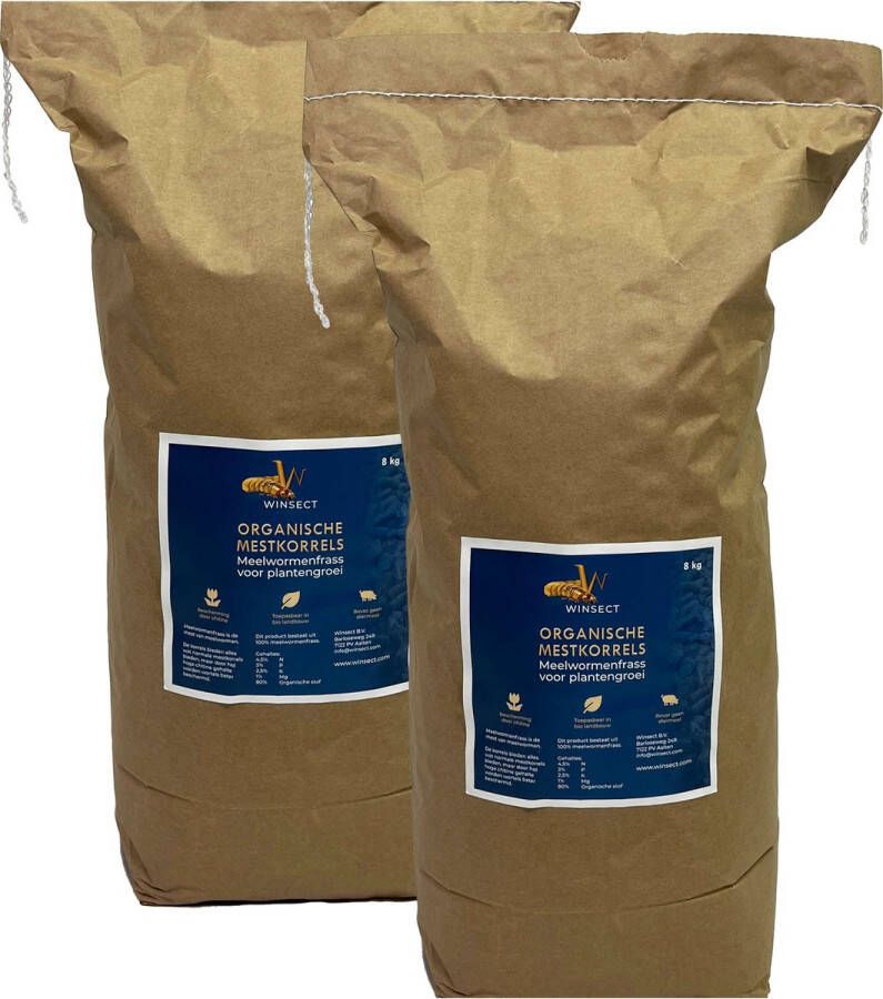 Winsect Organische Mestkorrels van meelwormenmest 16 KG plantenvoeding voor gazon sier- en moestuin doos met 2 zakken van ieder 8 KG
