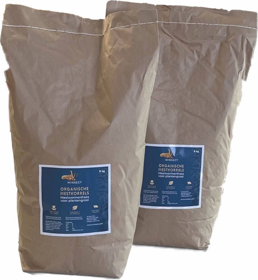Winsect Organische Mestkorrels van meelwormenmest 16 KG plantenvoeding voor gazon sier- en moestuin doos met 2 zakken van ieder 8 KG