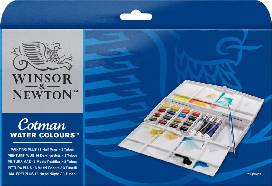 Winsor & Newton Cotman Aquarelverf Painting Plus Set 16 halve napjes + 3 tubes x 8ml