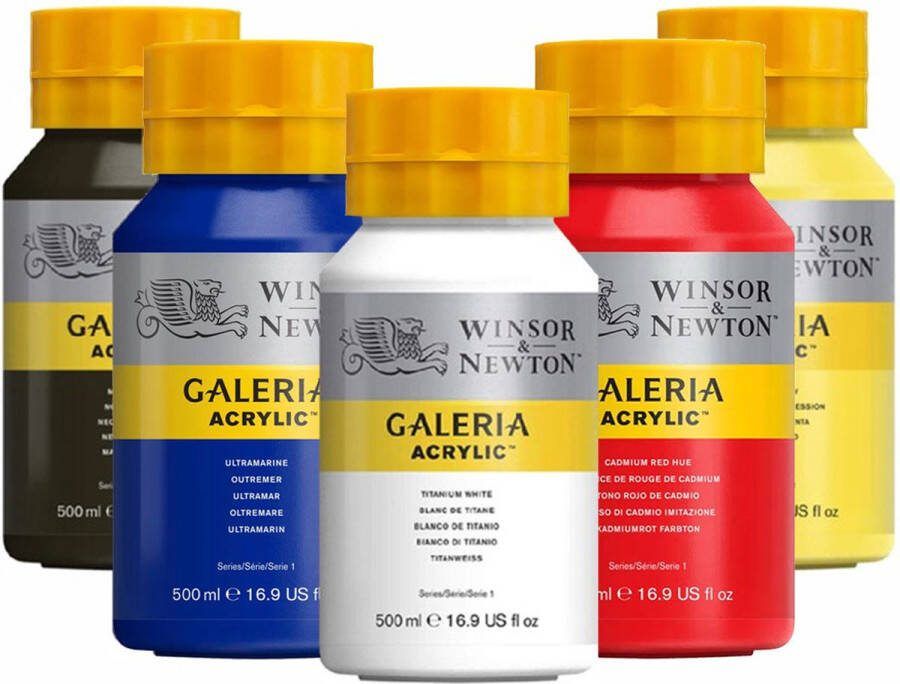 Winsor & Newton Galeria Acrylverf 500ml Set van 5 Basiskleuren Hoge kwaliteit