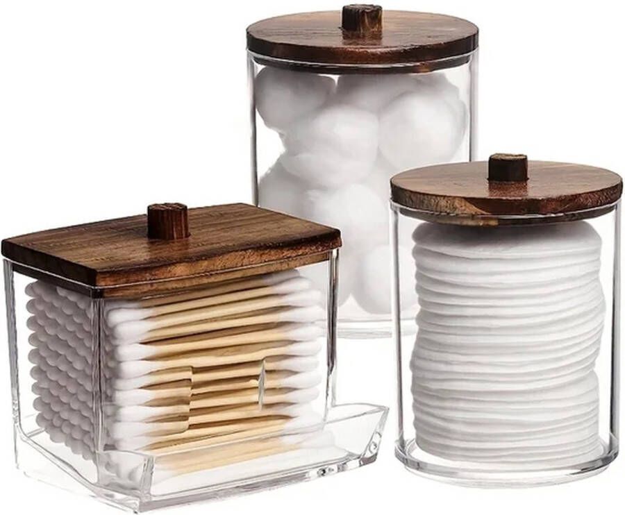 Wise Buyer Wattenschijfjeshouder met deksel- 3 stuks Wattenschijfjes dispenser Wattenpot Oorstokjes houder Watjes houder Wattenhouder Organizers Organizer make up Badkamer accessoires Houten