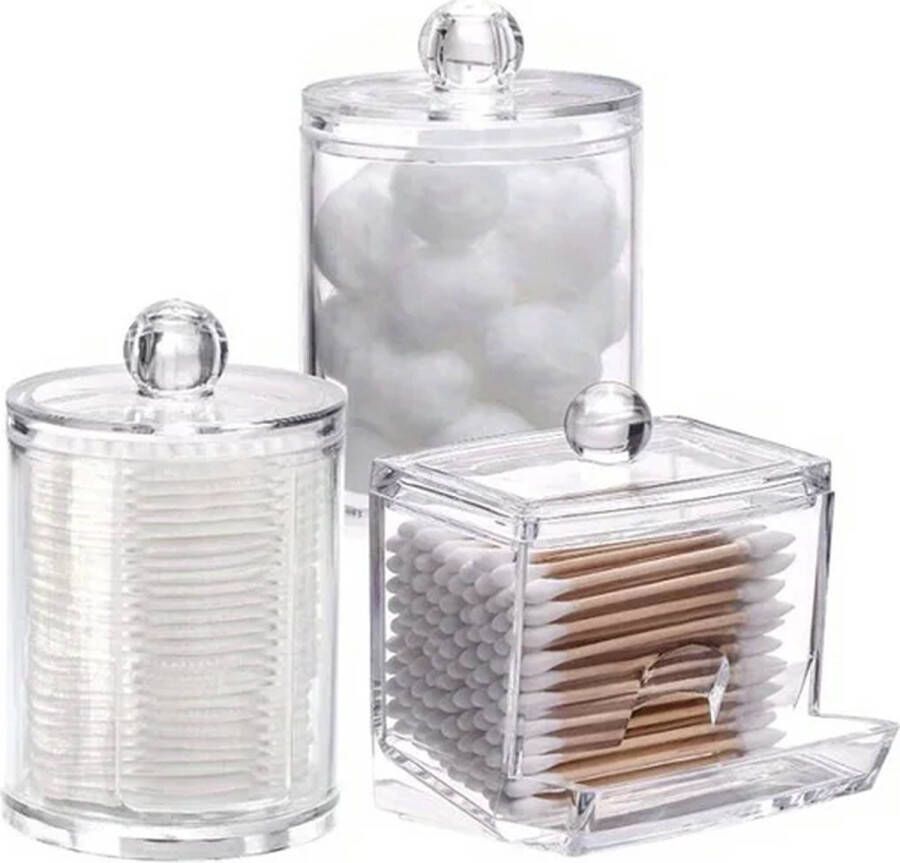 Wise Buyer Wattenschijfjeshouder met deksel- 3 stuks Wattenschijfjes dispenser Wattenpot Oorstokjes houder Watjes houder Wattenhouder Organizers Organizer make up Badkamer accessoires Transparant