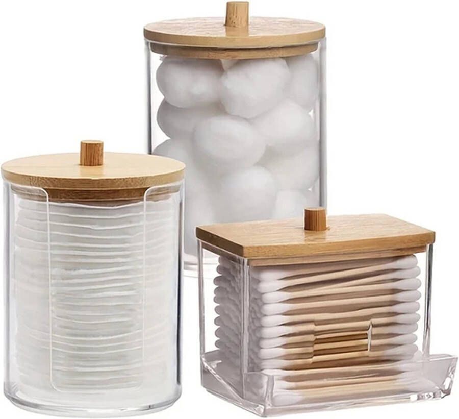 Wise Buyer Wattenschijfjeshouder met deksel- 3 stuks Wattenschijfjes dispenser Wattenpot Oorstokjes houder Watjes houder Wattenhouder Organizers Organizer make up Badkamer accessoires Bamboo