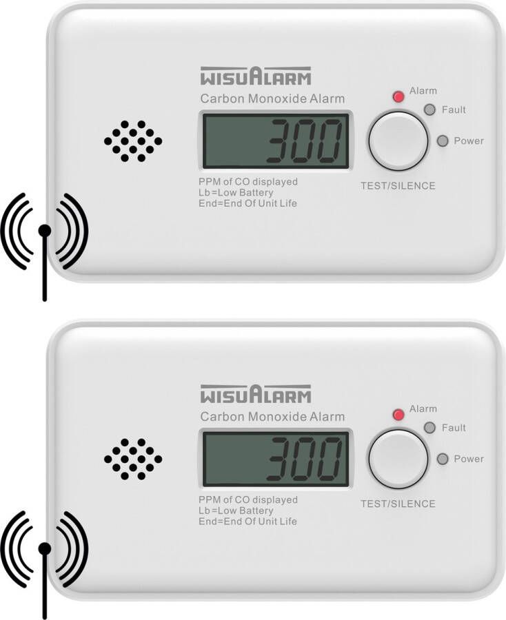 WisuAlarm GC20B-R8 Draadloos koppelbare koolmonoxidemelder 2 Koolmonoxidemelders 7 jaar batterij 10 jaar Figaro sensor LCD display Voldoet aan Europese norm