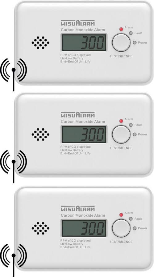 WisuAlarm GC20B-R8 Draadloos koppelbare koolmonoxidemelder 3 Koolmonoxidemelders 7 jaar batterij 10 jaar Figaro sensor LCD display Voldoet aan Europese norm