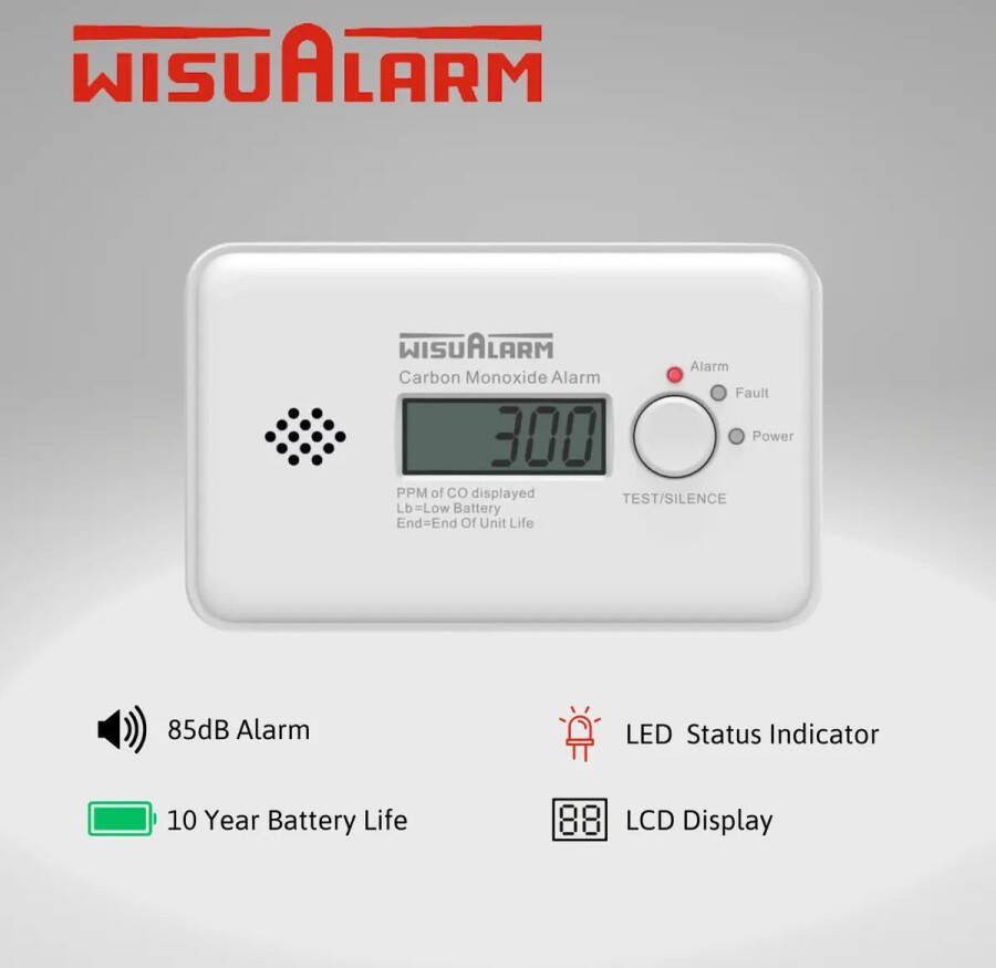 WisuAlarm HY-GC20B Koolmonoxidemelder Incl. batterij (10 jaar) werkt op batterijen Detectie van Koolmonoxide