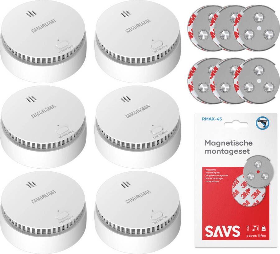 WisuAlarm SA20-A Rookmelder met magneet montage 6 Rookmelders 10 jaar batterij Kan in de buurt van keuken en badkamer Voldoet aan Europese norm Brandalarm zonder boren