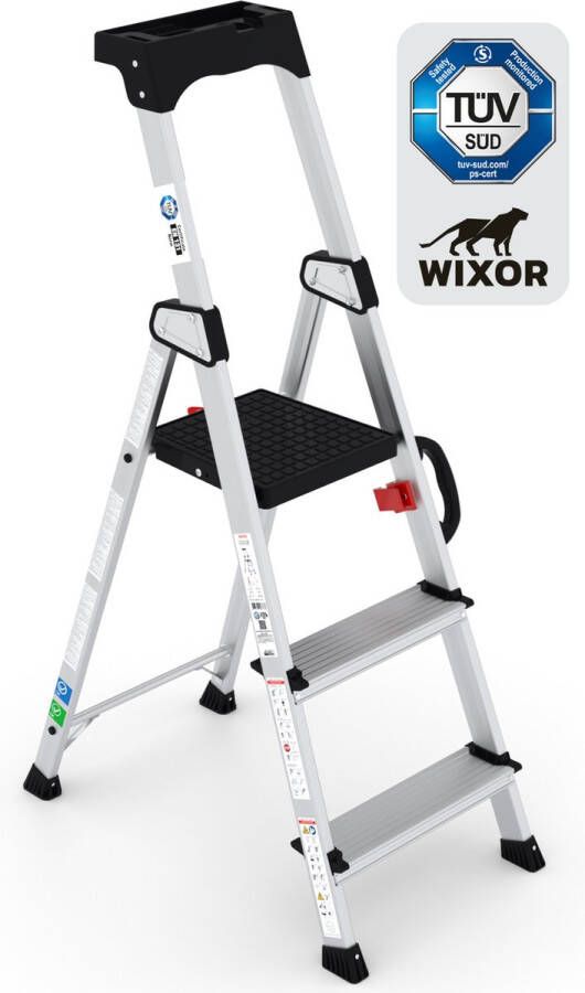 Wixor Trapladder Handyman Huishoudtrap 3 treden Professionele trap Enkel Oploopbare trap Keukentrap Tuv-gecertificeerd EN131