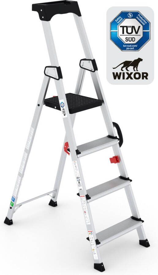 Wixor Trapladder Handyman Huishoudtrap 4 treden Professionele trap Enkel Oploopbare trap Keukentrap Tuv-gecertificeerd EN131