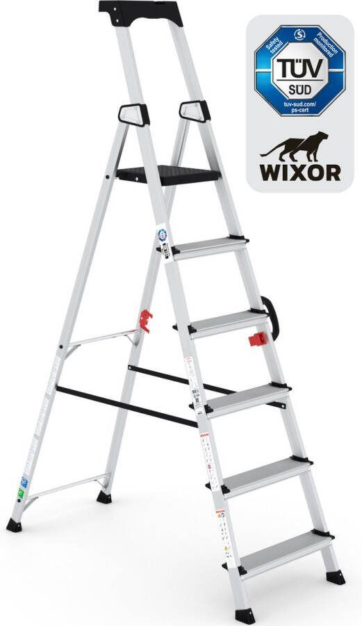 Wixor Trapladder Handyman Huishoudtrap 6 treden Professionele trap Enkel Oploopbare trap Keukentrap Tuv-gecertificeerd EN131