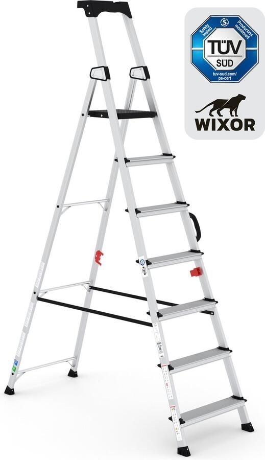 Wixor Trapladder Handyman Huishoudtrap 7 treden Professionele trap Enkel Oploopbare trap Keukentrap Tuv-gecertificeerd EN131