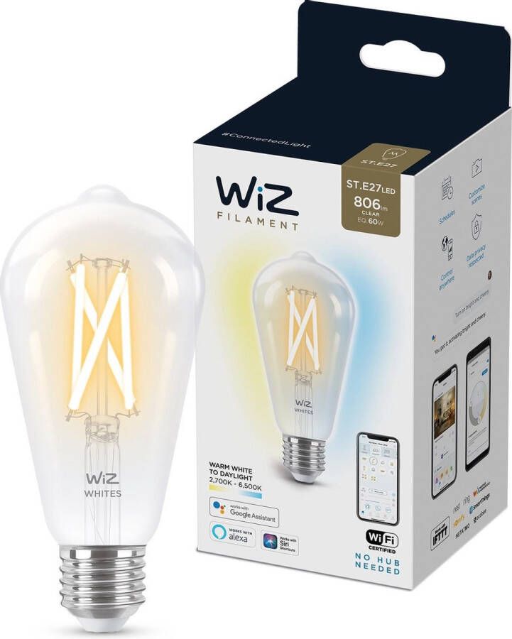 WiZ Edison Filament Slimme LED Verlichting Warm- tot Koelwit Licht E27 60W Transparant Wi-Fi