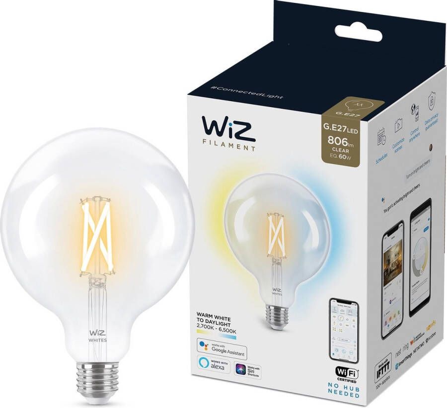 WiZ Globe Filament Slimme LED Verlichting Warm- tot Koelwit Licht E27 60W 125 mm Transparant Wi-Fi