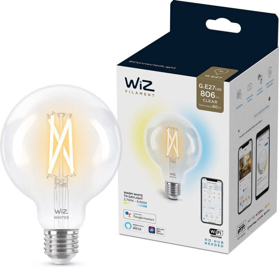 WiZ Globe Filament Slimme LED Verlichting Warm- tot Koelwit Licht E27 60W 95 mm Transparant Wi-Fi