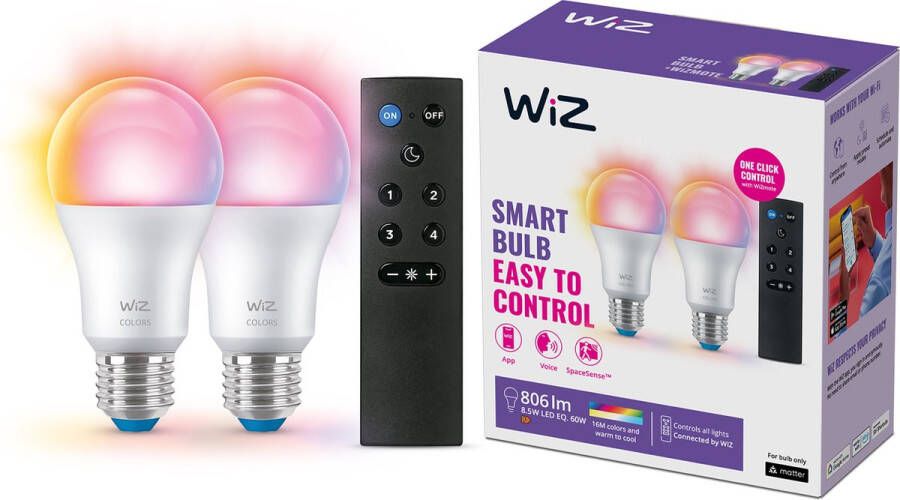 WiZ Lamp 2-pack + Afstandsbediening Gekleurd En Wit Licht E27 60w Mat Wi-fi