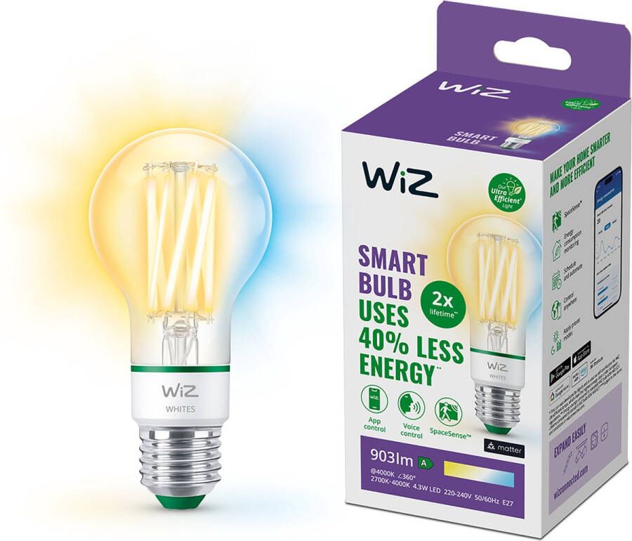 WiZ Lamp Filament Slimme LED-verlichting Energieklasse A Warm- tot Koelwit Licht E27 60W Transparant Wi-Fi