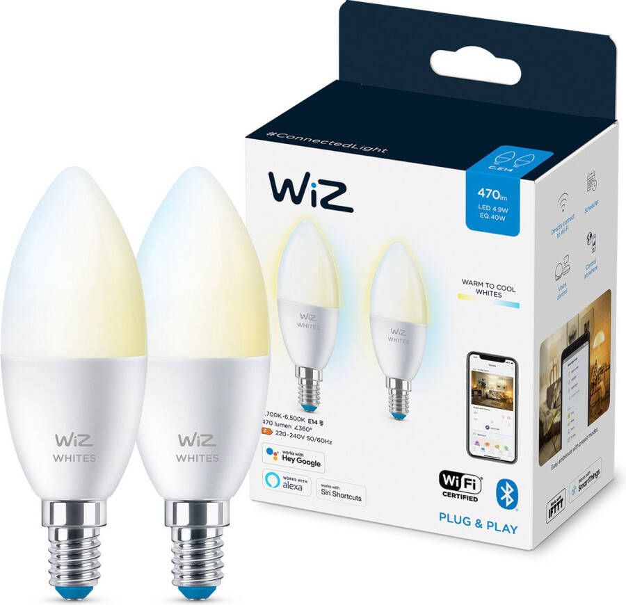 WiZ Slimme LED Verlichting E14 Kaarslamp Wit Licht 2 x 4 9W Mat Wi-Fi 2 Stuks