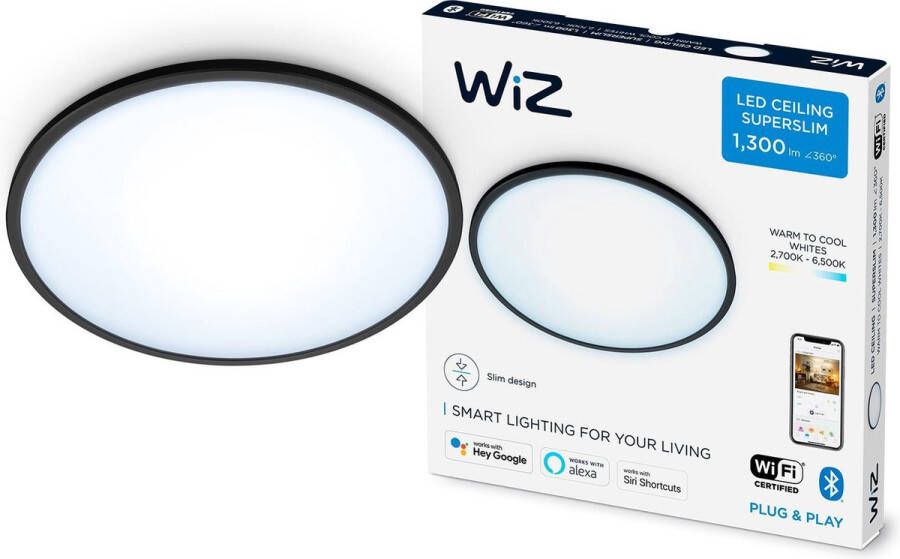 WiZ Plafonniere SuperSlim Zwart Slimme LED-Verlichting Warm- tot Koelwit Licht Geintegreerd LED 14W Wi-Fi