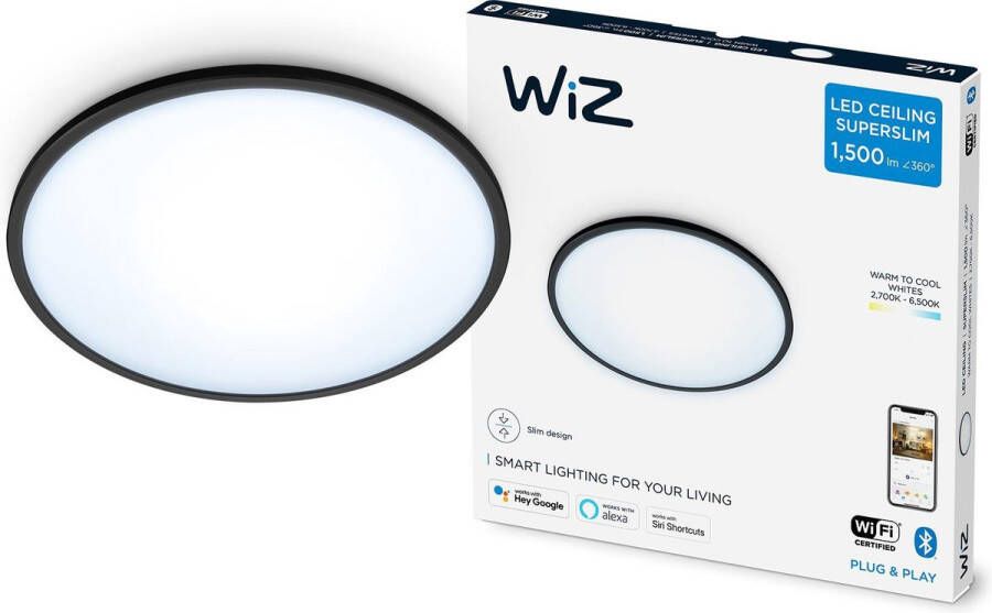 WiZ Plafonniere SuperSlim Zwart Slimme LED-Verlichting Warm- tot Koelwit Licht Geintegreerd LED 16W Wi-Fi