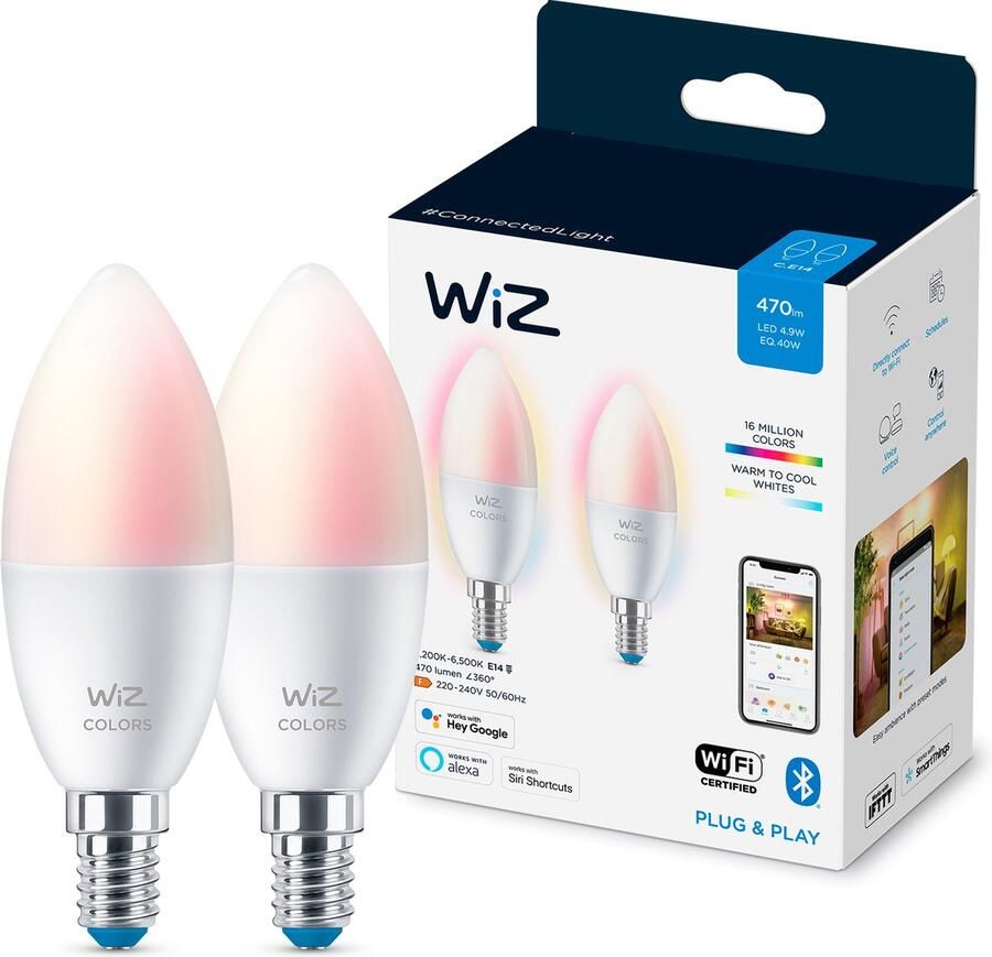 WiZ Kaarslamp 2-pack Slimme LED-Verlichting Gekleurd en Wit Licht E14 40W Mat WiFi - Foto 2