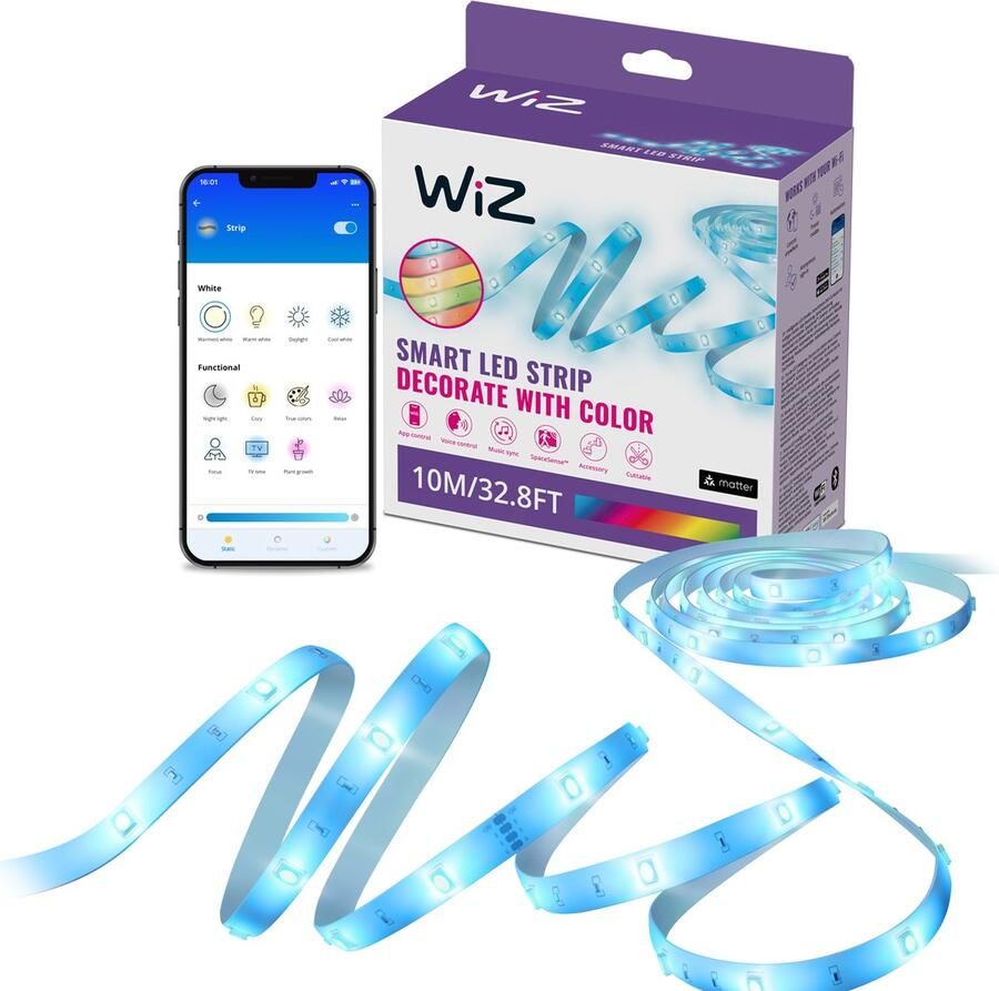 WiZ RGB LED strip 10 meter Makkelijke installatie 16 Miljoen kleuren Muzieksynchronisatie RGB; één kleur tegelijk