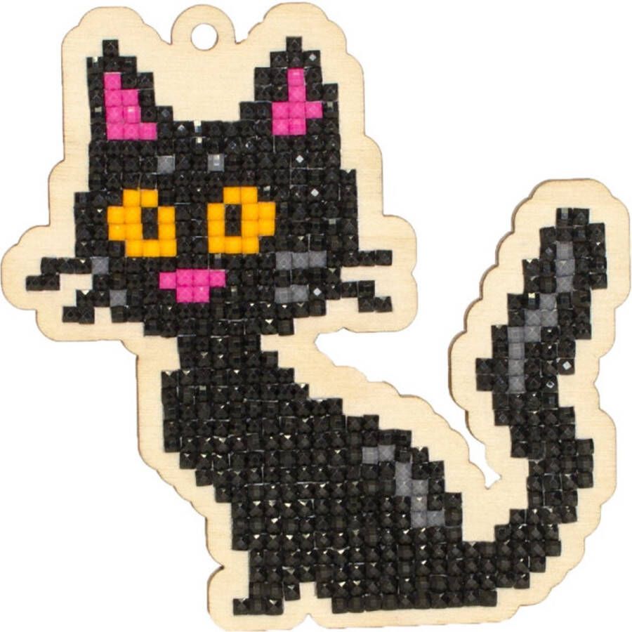 Wizardi Charm Diamond painting op hout Black Cat Zwarte kat met magneet