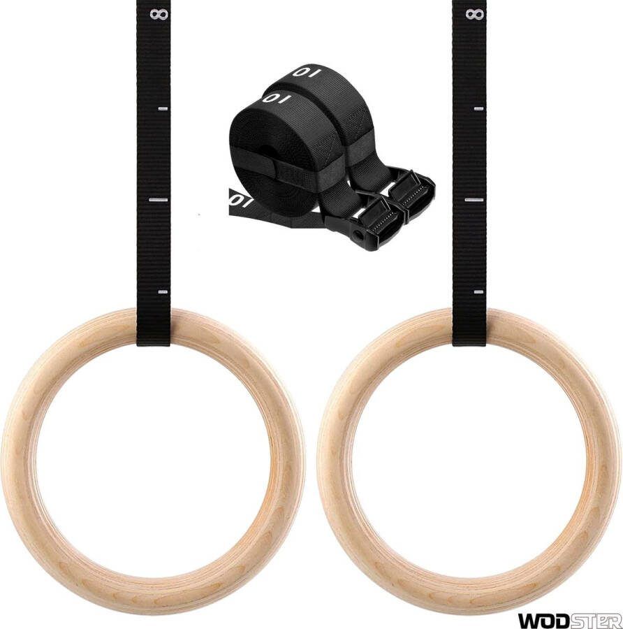 WODster Houten Turnringen met Ophangbanden Gym Ringen Gymnastiek Ringen Crossfit Fitness Calisthenics Inclusief training template