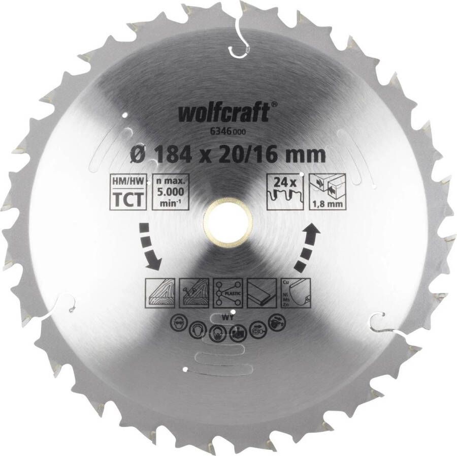 Wolfcraft Cirkelzaagblad voor Hout Dun metaal en Plastic Speciaal voor accu machines 184mm Asgat 20 16mm 24 tanden Zaagdikte 1 8mm