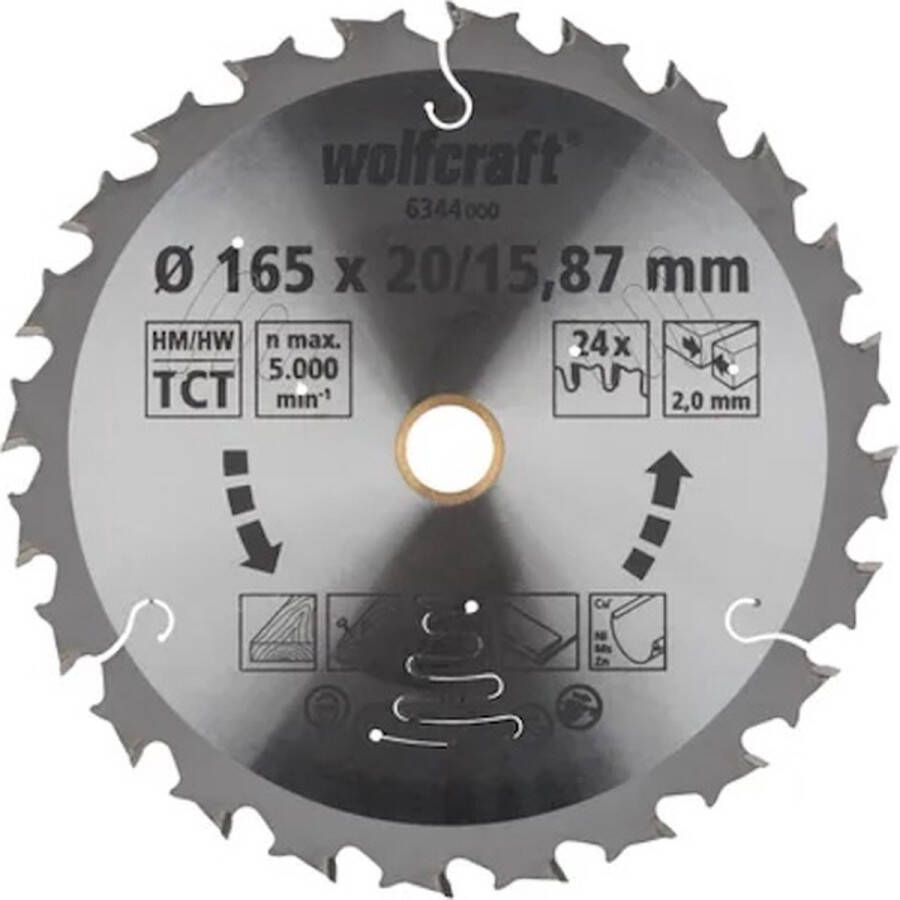 Wolfcraft Cirkelzaagblad voor Hout Dun metaal en Plastic Speciaal voor accumachines 165mm 24 tanden Asgat 20 15 87mm Zaagdikte 1 8mm