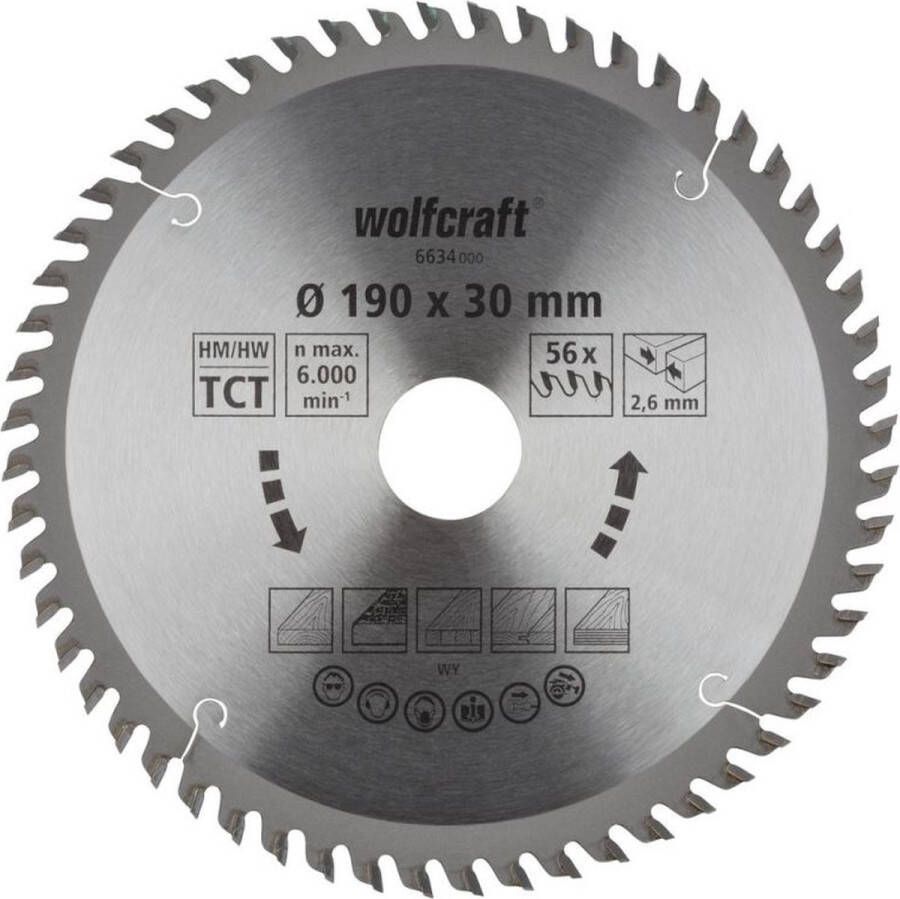 Wolfcraft Cirkelzaagblad voor Hout voor Fijn zaagwerk 190mm Asgat 30mm 56 tanden Zaagdikte 2 6mm