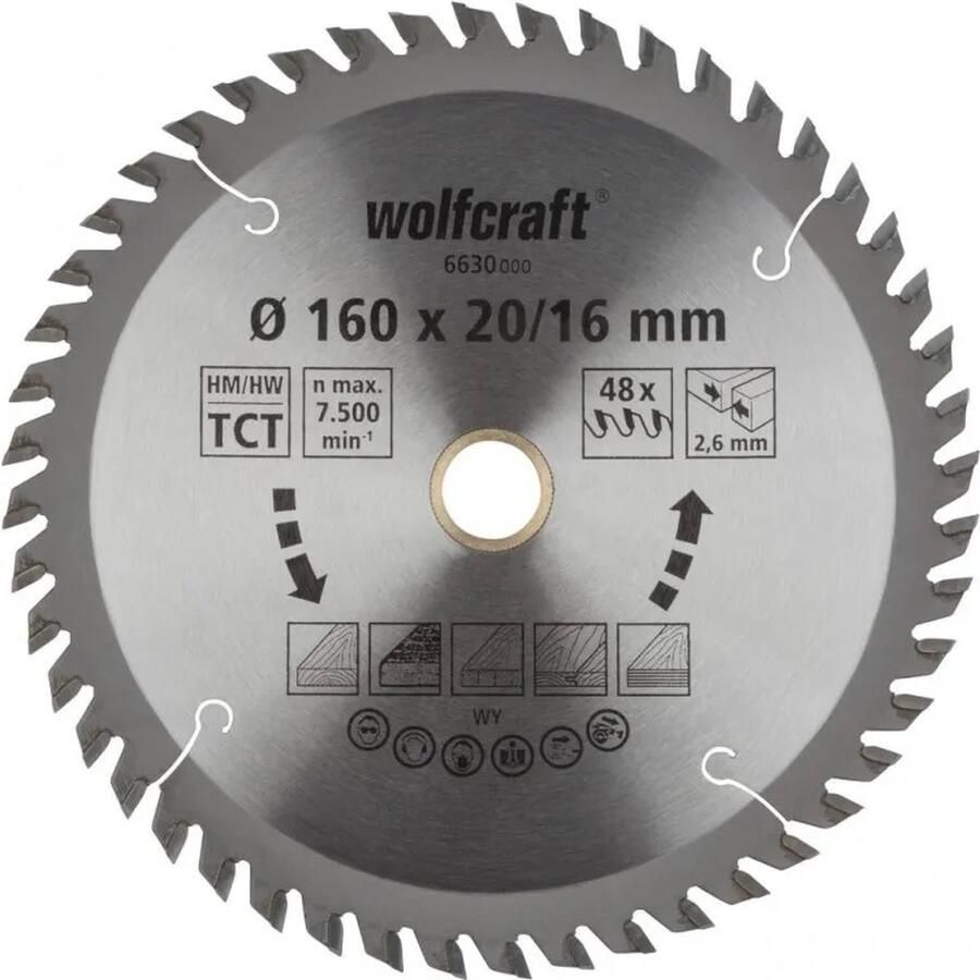 Wolfcraft Cirkelzaagblad voor Hout 160mm Fijn zaagwerk 20 16mm Asgat 48 tanden 2 6 zaagdikte
