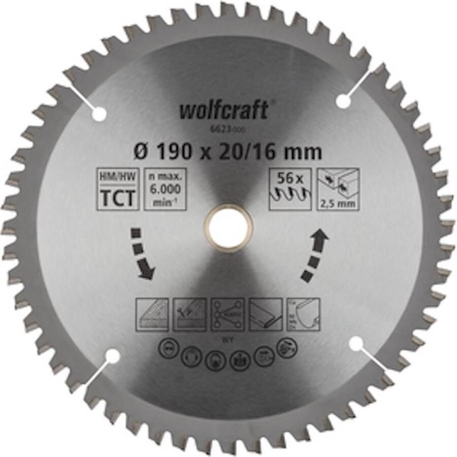 Wolfcraft Cirkelzaagblad voor Hout Dun Metaal en Plastic Fijn Zaagwerk 190 mm Asgat 20 16 mm 56 Tanden Zaagdikte 2 5 mm