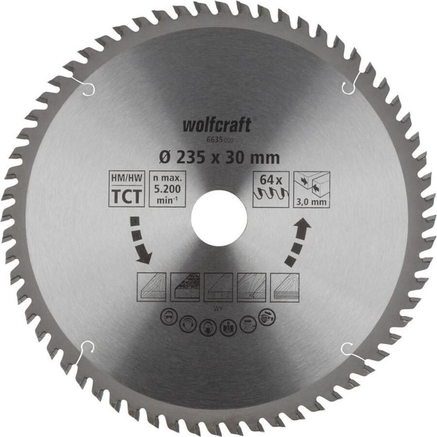 Wolfcraft Cirkelzaagblad voor Hout voor fijn zaagwerk 235mm Asgat 30mm 64 tanden 3mm zaagdikte