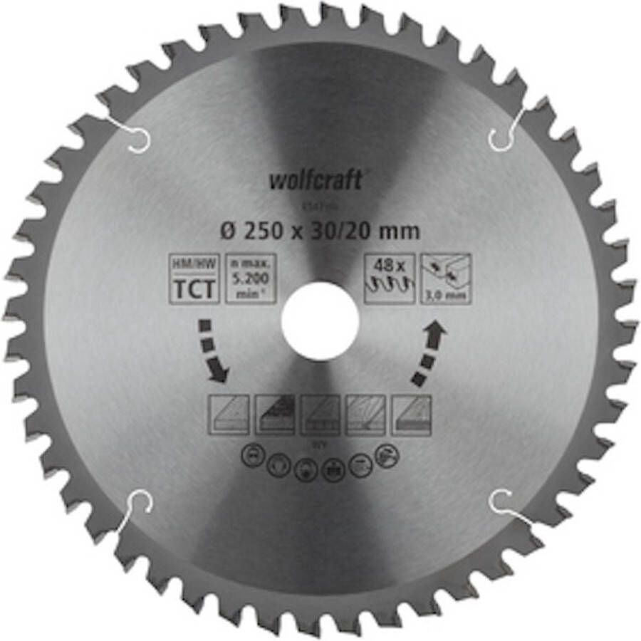Wolfcraft Zaagblad voor Hout voor grof zaagwerk 250mm 24 tanden Asgat 30 20mm