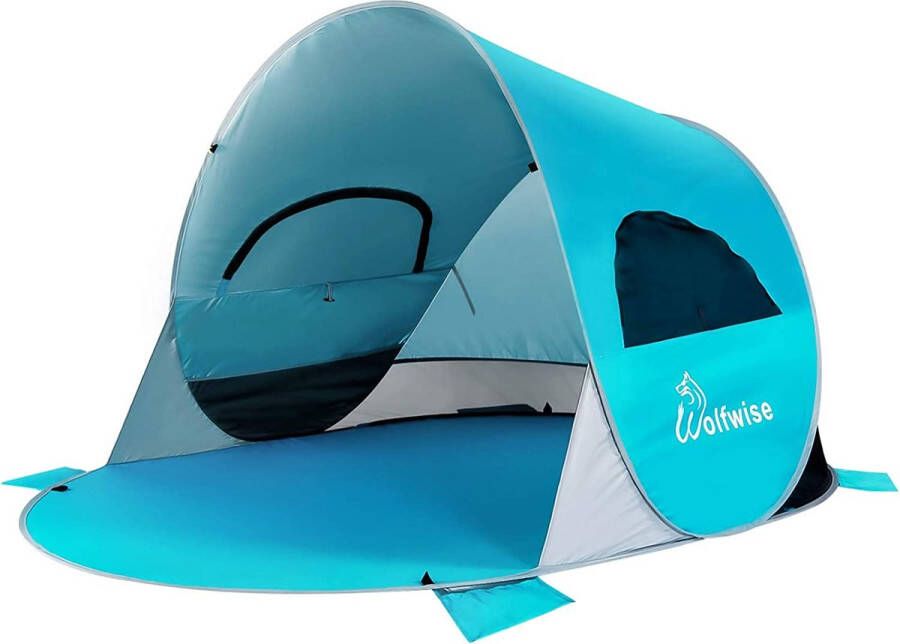 Wolfwise Pop-up tent voor 3-4 personen; strand tent uv-bescherming 50+; vouwt automatisch open; sleepbaar blauw