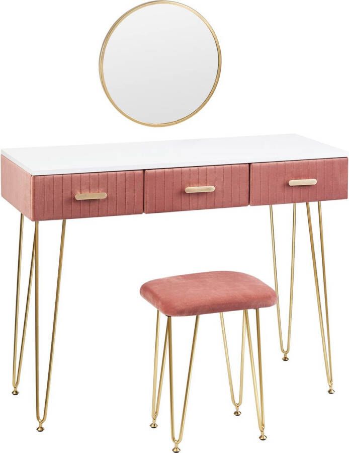 Woltu Roze Kaptafel met spiegel en krukje Make up tafel Spiegel met opbergruimte Fluweel Roze Slaapkamer accessoire