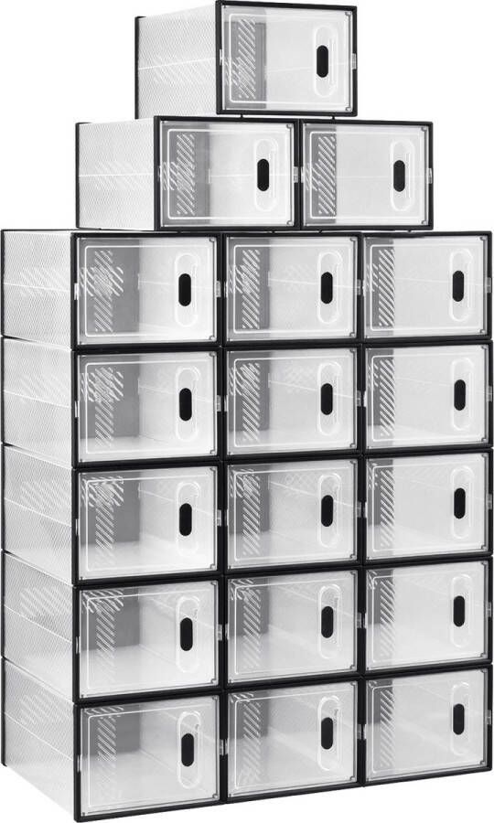 Woltu ShopEighty8 Schoenen Organizer Schoenenbox Schoenenkast Schoenen Opbergsysteem Schoenen Opbergsysteem Stapelbaar Met Magnetische Deur L35 x B25 x H19 cm Set van 18 Stuks Transparant Zwart