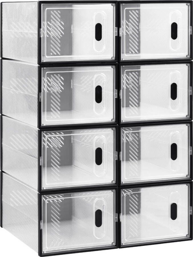 Woltu ShopEighty8 Schoenen Organizer Schoenenbox Schoenenkast Schoenen Opbergsysteem Schoenen Opbergsysteem Stapelbaar Met Magnetische Deur L35 x B25 x H19 cm Set van 8 Stuks Transparant Zwart