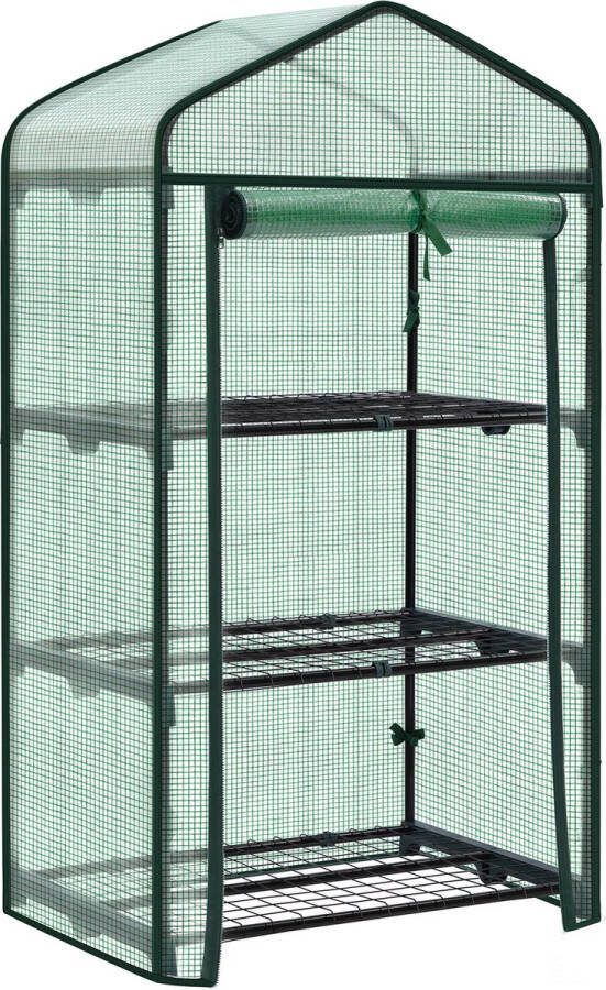 Woltu ShopEighty8 Tuinkas Balkonkas Foliekas Bloemen&Plantenkas Winterbestendige Buitentuin Ideaal Voor Balkon&Patio Oprolbare Deur 3 Metalen Planken L69 x B49 x H125 CM Groen