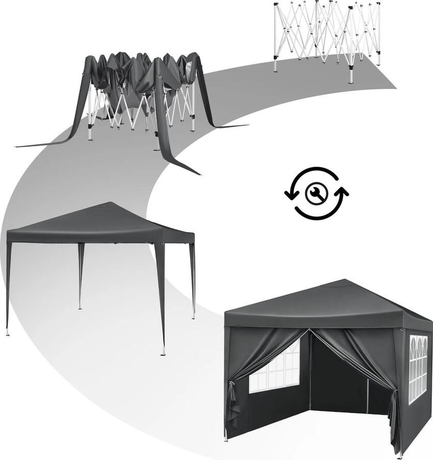Woltu B.O.S. Waterdichte Partytent 3x3 meter opvouwbaar Paviljoen met zijpanelen Easy up Grijs Pop-up Tent met haringen touw en anti slip poten