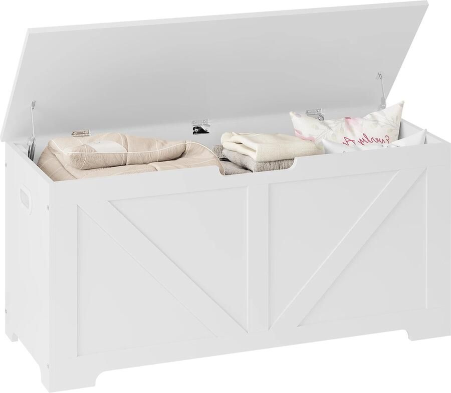Woltu Opbergkist Speelgoedkist Opbergbank Borstkast Met 2 Extra Veiligheids Scharnieren 76 Ltr L100 x B40 x H47 CM Gelakt Hout Wit