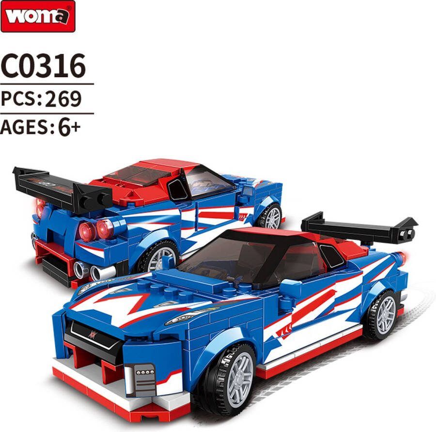 Woma Race Car Race Auto Bouwset Bouwpakket Bouwblokken Bouwset 3D puzzel Mini blokjes Compatibel met Lego bouwstenen Blauw 269 Stuks