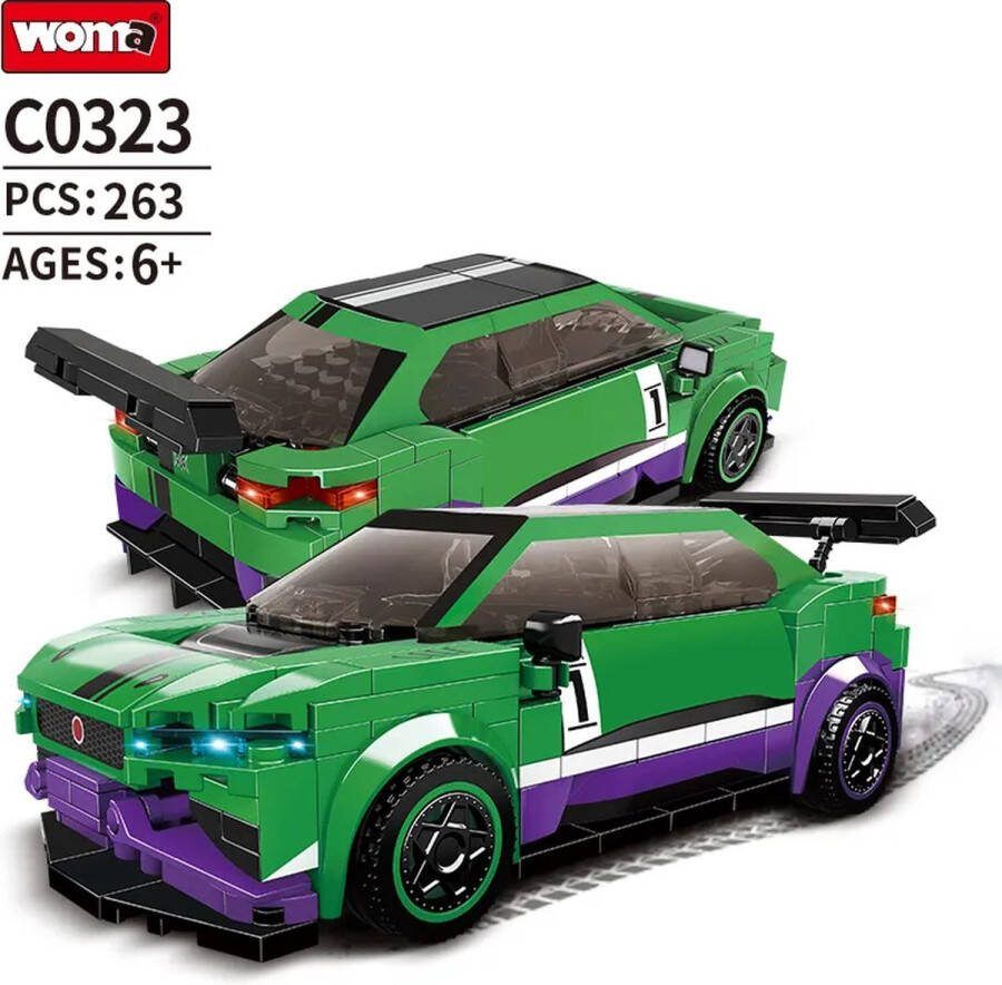 Woma Race Car Race Auto Bouwset Bouwpakket Bouwblokken Bouwset 3D puzzel Mini blokjes Compatibel met Lego bouwstenen Groen 263 onderdelen