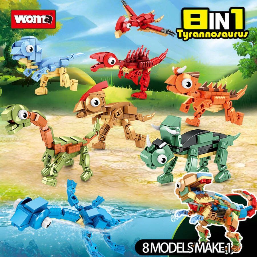 Woma T-Rex Tyrannosaurus 8 in 1 bouwset Dinosaur bouwset Bouwpakket Bouwblokken Bouwset 3D puzzel Mini blokjes Compatibel met Lego bouwstenen 604 Stuks