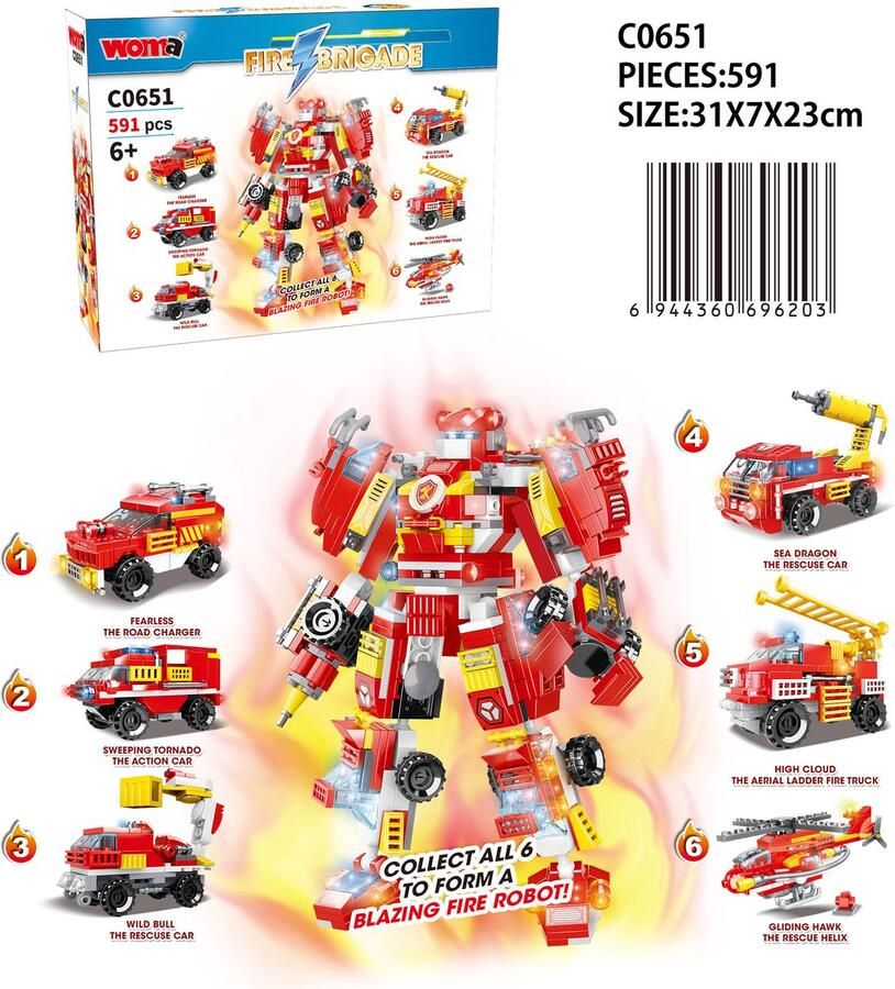 Woma Fire Brigade Brandweer Reddingsrobot Bouwpakket Bouwblokken Bouwset 3D puzzel Mini blokjes Compatibel met Lego bouwstenen 591 Stuks