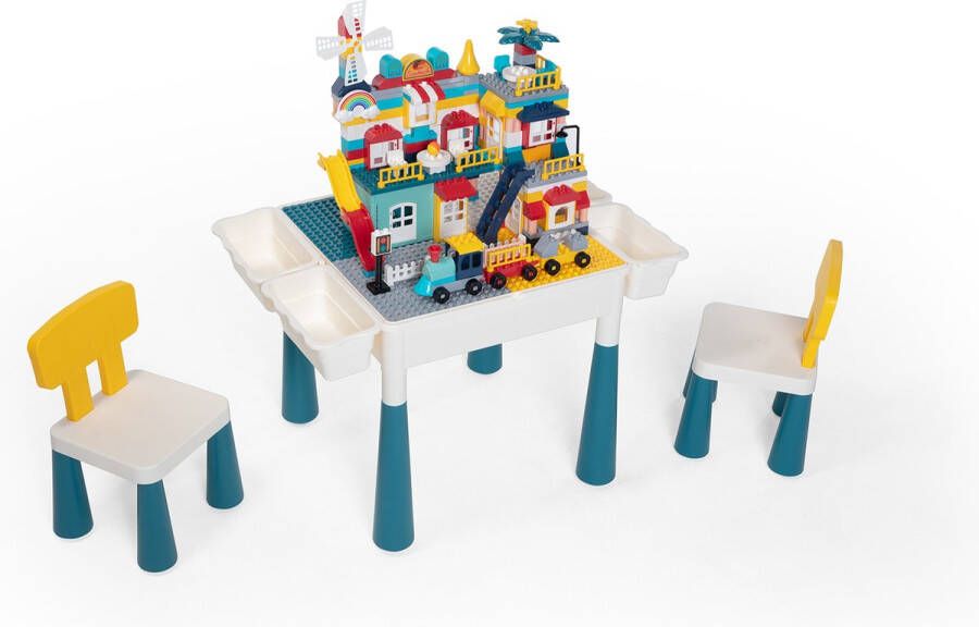 WonderMind *Profi Promo Bouwtafelset inc. 176 bouwblokken voor LEGO & DUPLO Multifunctioneel Kinderbouwtafel met 2 stoelen + 4 Opbergbakken Constructietafel Kinderwerktafel Speeltafel Zandbak Watertafel Kindertafel en stoelen Aquamarijnkleur