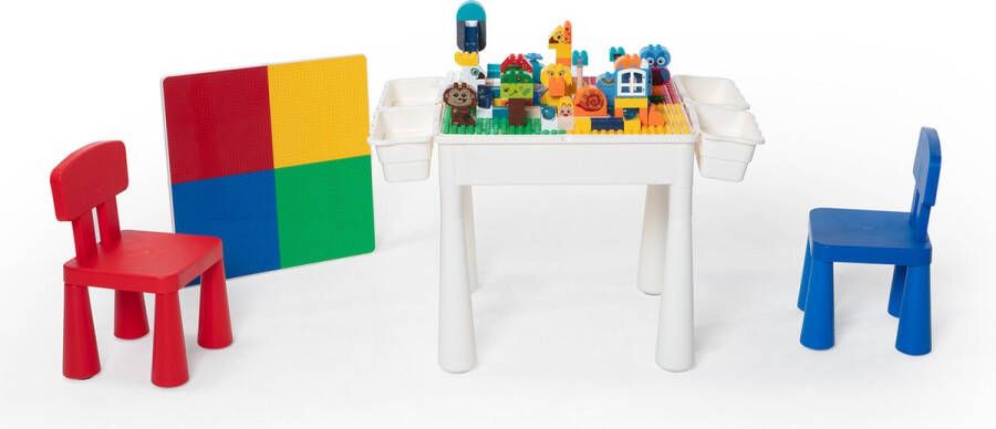 WonderMind *Profi Promo Bouwtafelset inc. 151 bouwblokken voor LEGO & DUPLO Multifunctioneel Kinderbouwtafel met 2 stoelen + 4 Opbergbakken Constructietafel Kinderwerktafel Speeltafel Zandbak Watertafel Kindertafel en stoelen Klassieke Mondriaan