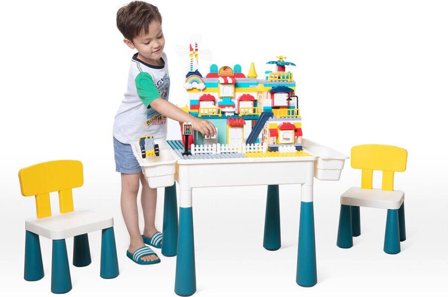 WonderMind 【All-in-One】Bouwtafelset inc. 100 bouwblokken voor LEGO & DUPLO Multifunctioneel Kinderbouwtafel met 2 stoelen + 4 Opbergbakken Constructietafel Kinderwerktafel Speeltafel Zandbak Watertafel Kindertafel en stoelen Aquamarijnkleur