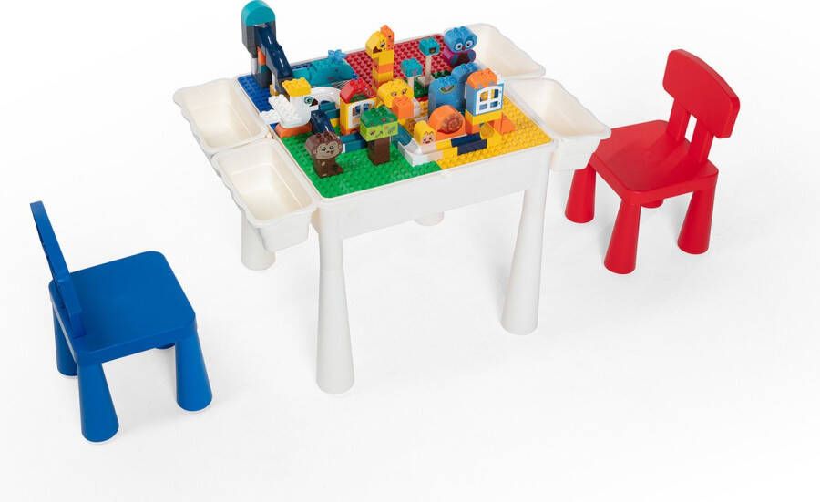 WonderMind 【Profi Promo】Bouwtafelset inc. 176 bouwblokken voor LEGO & DUPLO Multifunctioneel Kinderbouwtafel met 2 stoelen + 4 Opbergbakken Constructietafel Kinderwerktafel Speeltafel Zandbak Watertafel Kindertafel en stoelen Klassieke Mondriaan